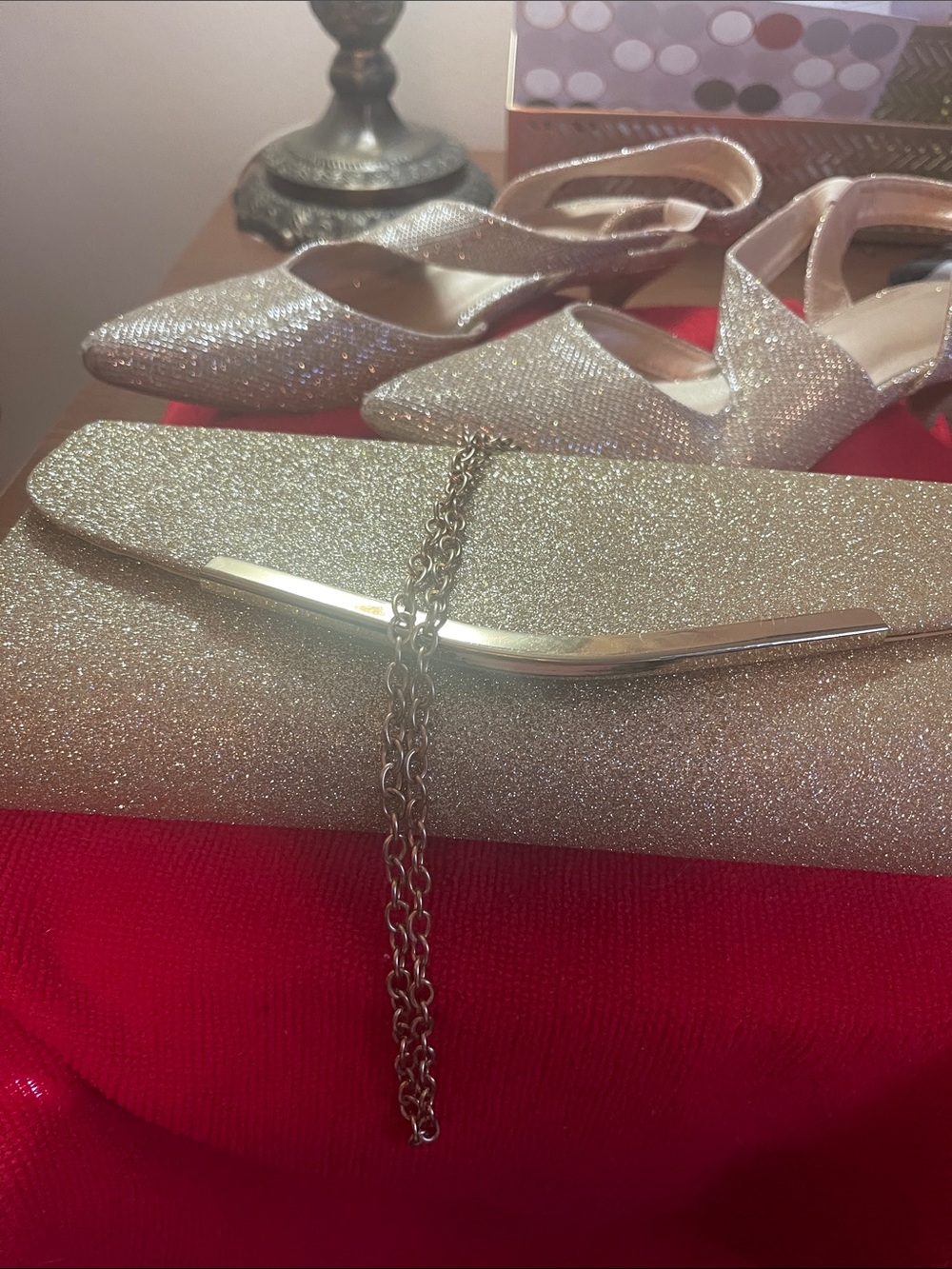 Amazon Women's Gold Glitter Slingback Pointed Heels with Matching Clutch